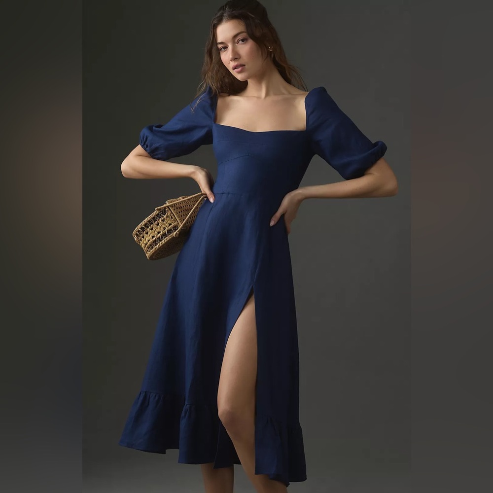 Reformation Belgium Short-Sleeve Square-Neck Linen Maxi Dress - Blue - Size 12